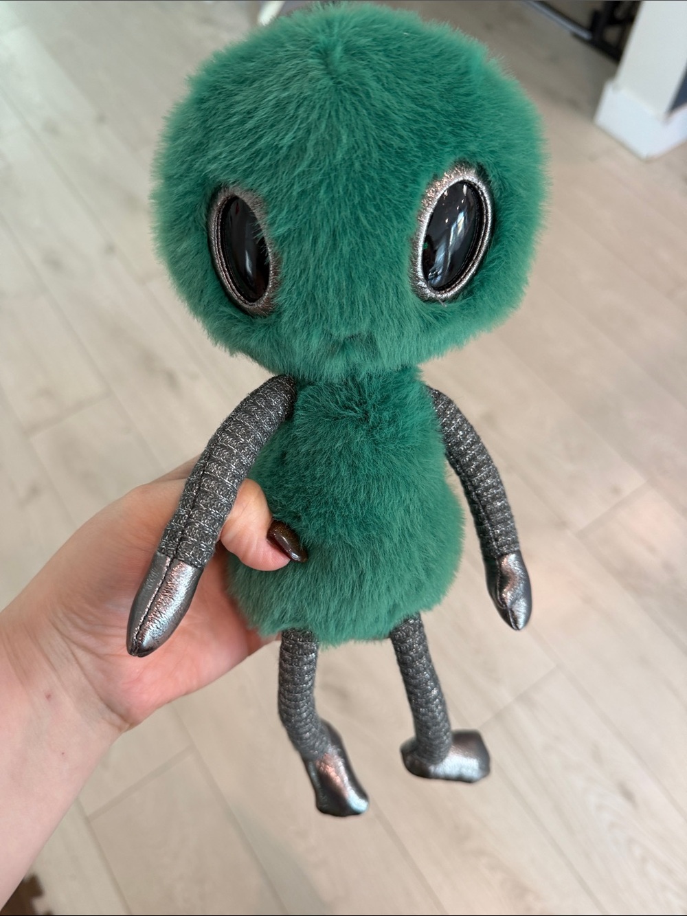 Jellycat Green Fuzzy Alien with Metallic Gray Limbs